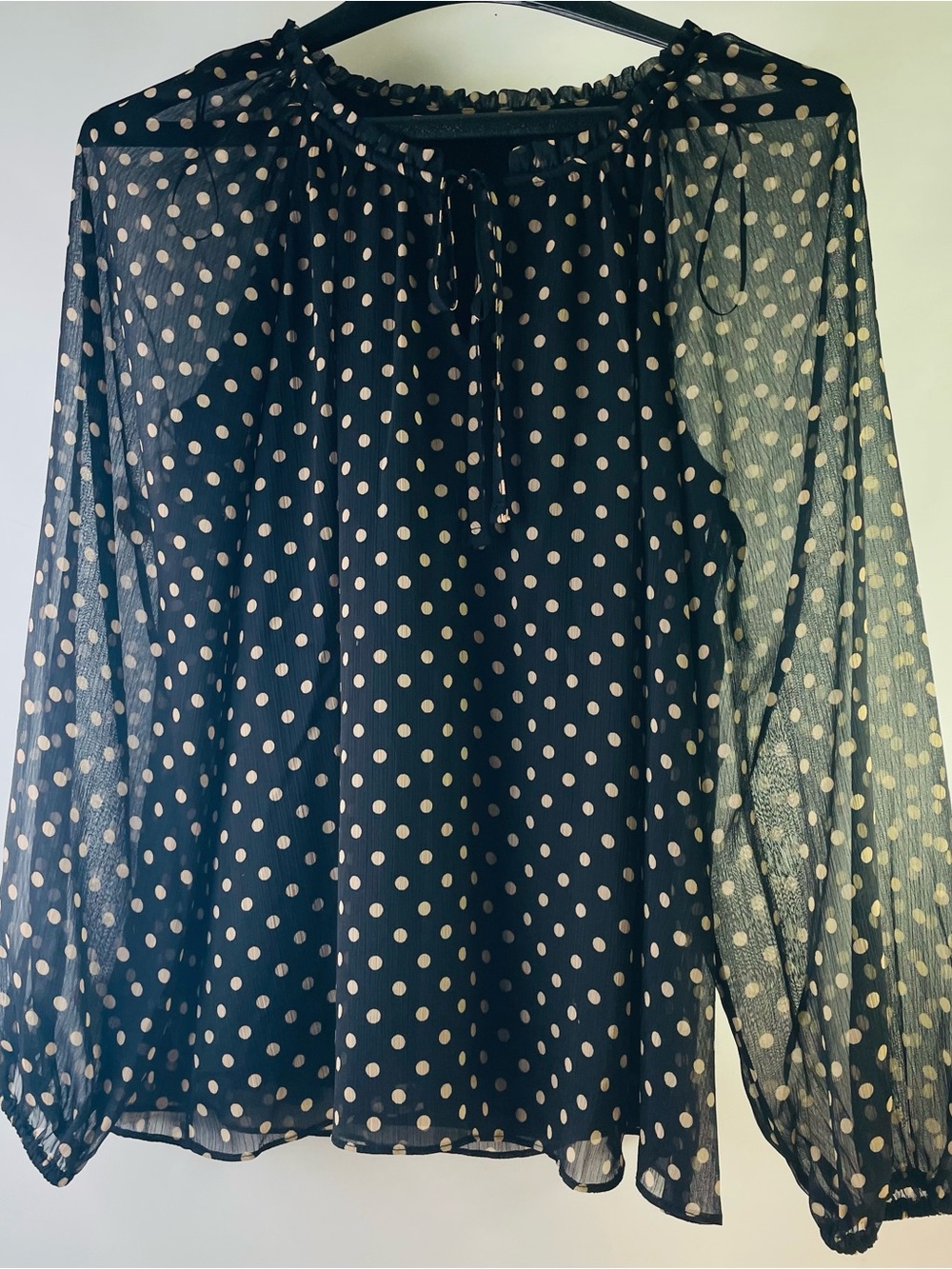LC Lauren Conrad Black Sheer Polka Dot Blouse with Cream Dots